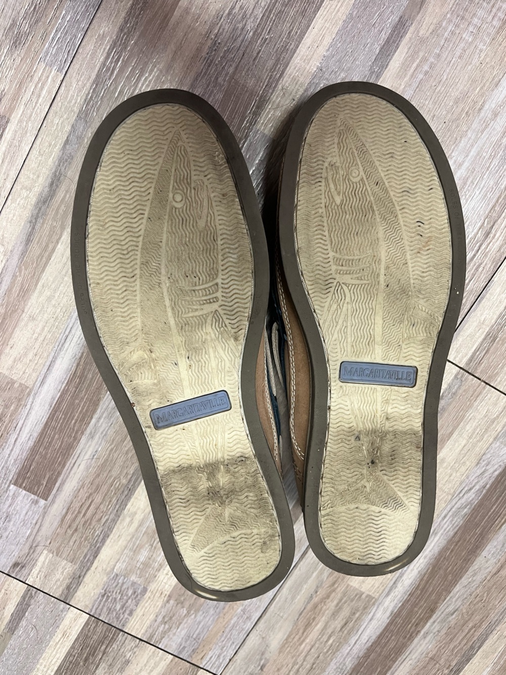 Margaritaville Men's Tan and Navy Leather Boat Shoes - Picture 3 of 8